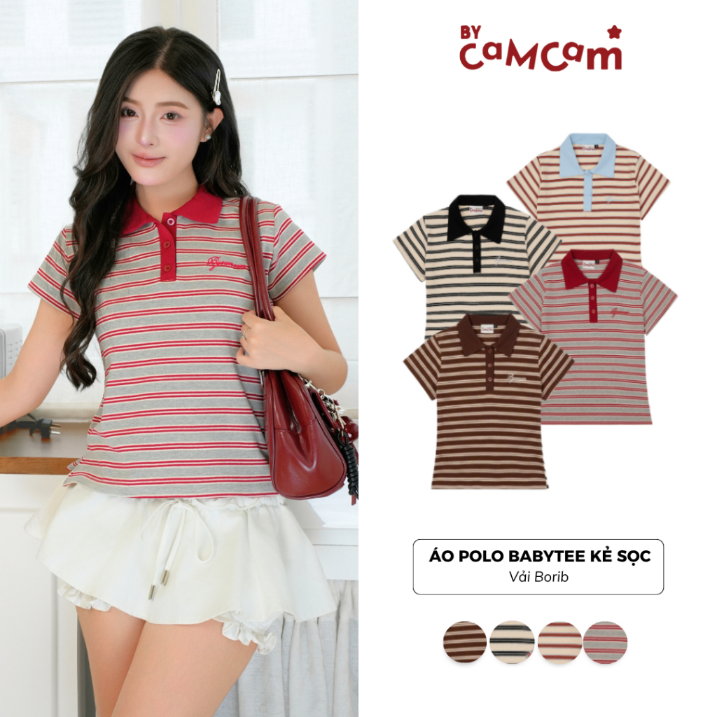 Áo Polo Kẻ Sọc BabyTee 𝑩𝒚𝒄𝒂𝒎𝒄𝒂𝒎 Họa Tiết Thêu Thiết Kế Tôn Dáng Cho Nữ APN013