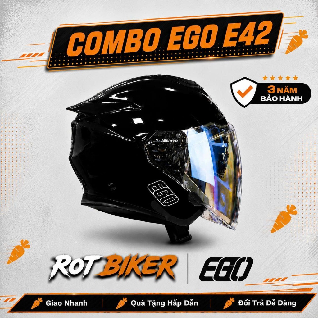 Mũ 3/4 2 Kính EGO E42 Đen Bóng