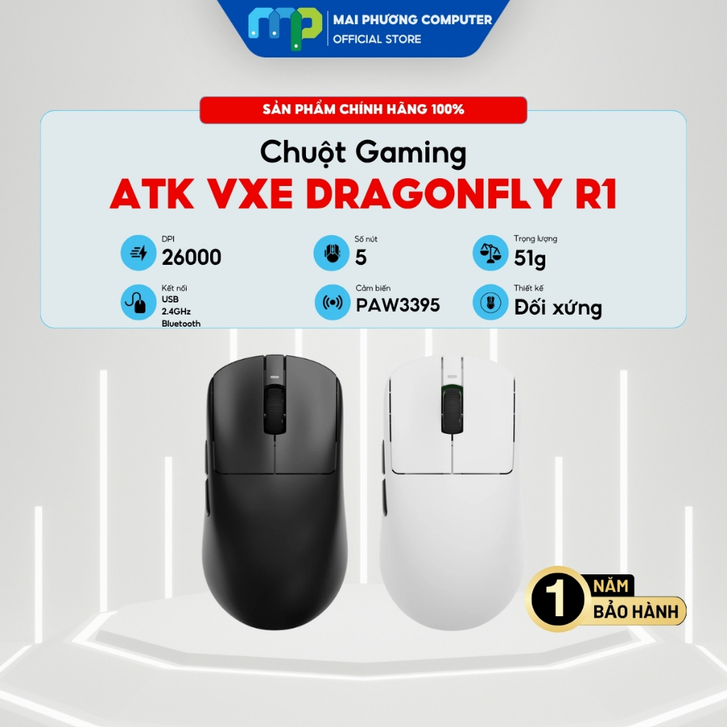 Chuột Gaming không dây ATK VXE Dragonfly R1 Nearlink Tri Mode - DPI 26000 - Switch Huano Ice Berry P