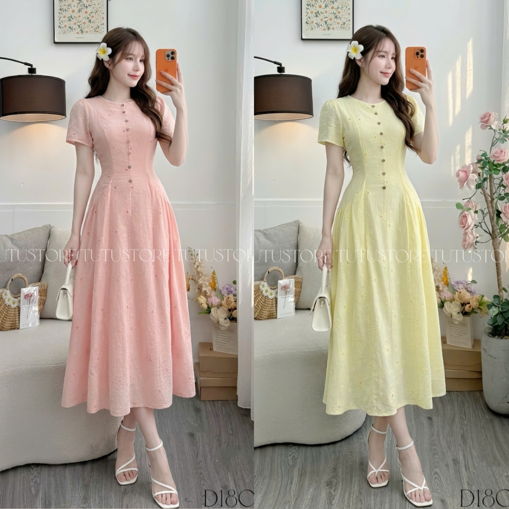 Đầm Thiết Kế Cổ Tròn Dáng Xòe Thêu Hoa Đi Chơi TuTu Store Mã D1804