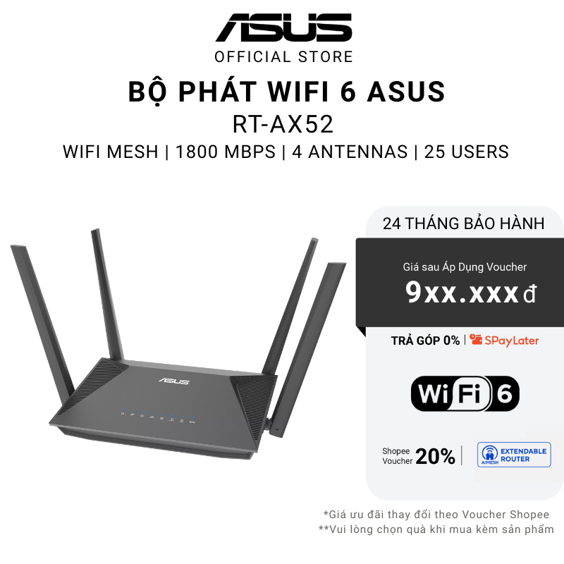 Bộ phát wifi Asus RT-AX52 WiFi 6 tối đa 2402 Mbps Chuẩn AX1800 AiMesh DUAL BAND 3 NĂM BẢO HÀNH