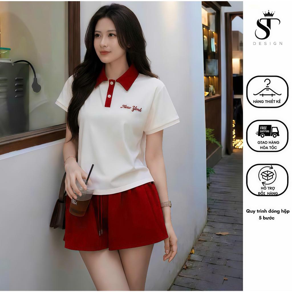 Set bộ áo Polo thêu New York + Chân váy cotton đóng hộp tặng- ST Design - k95