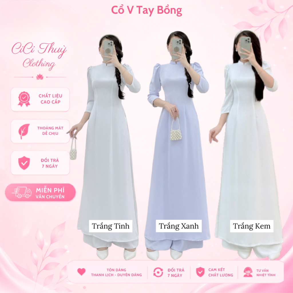 (Sẵn Hàng - Tay Bồng) Áo dài trắng học sinh, tay bồng, tay lỡ, lụa Mỹ cao cấp - CiCi Thùy Clothing
