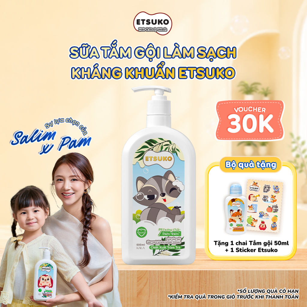 Sữa Tắm Gội Cho Bé Kháng Khuẩn Chiết Xuất Tràm Trà ETSUKO 600ml Làm Sạch Bảo Vệ Làn Da Nhạy Cảm.