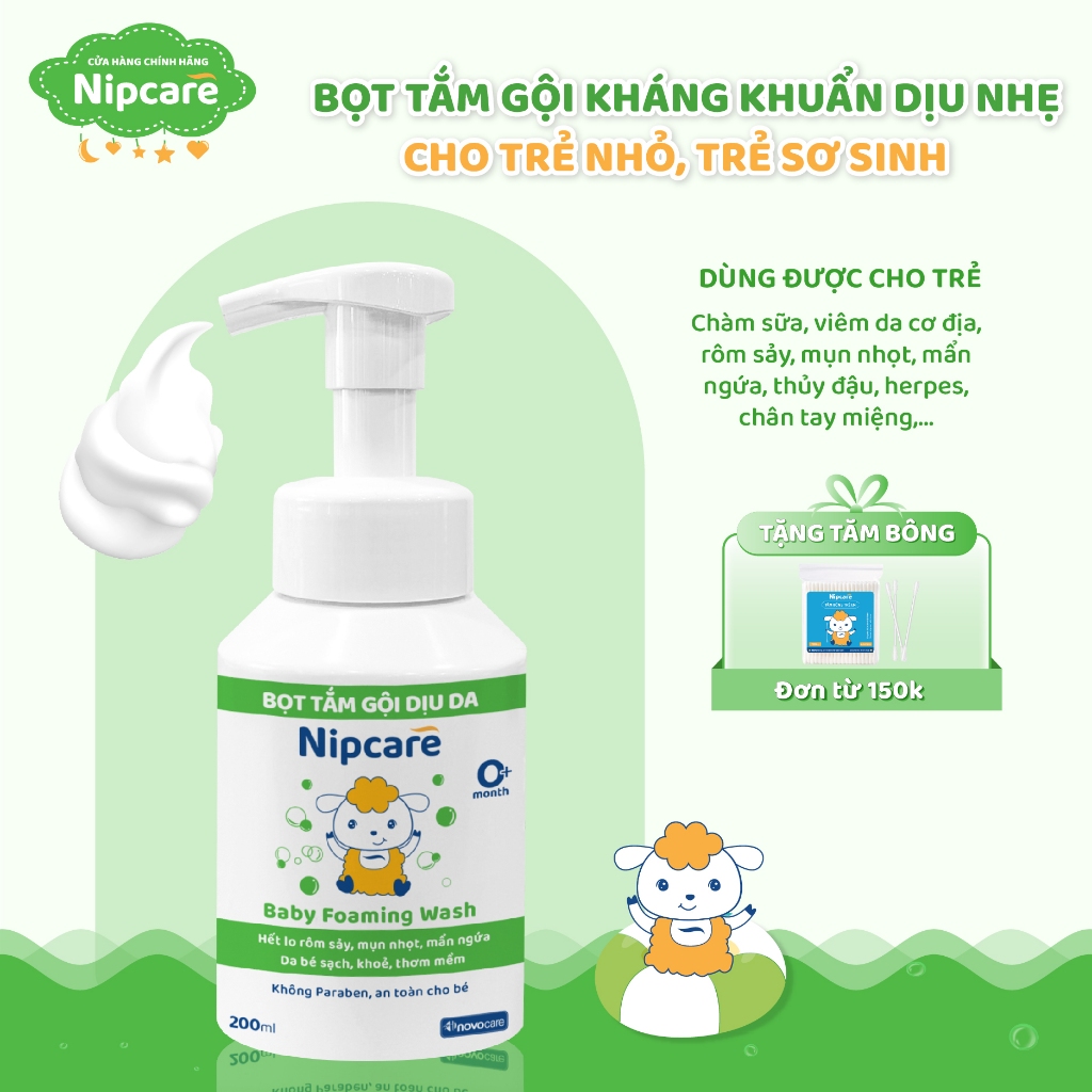 Bọt tắm gội dịu da Nipcare 200ml - sữa tắm cho bé dạng bọt hỗ trợ ngừa rôm sảy, mẩn ngứa