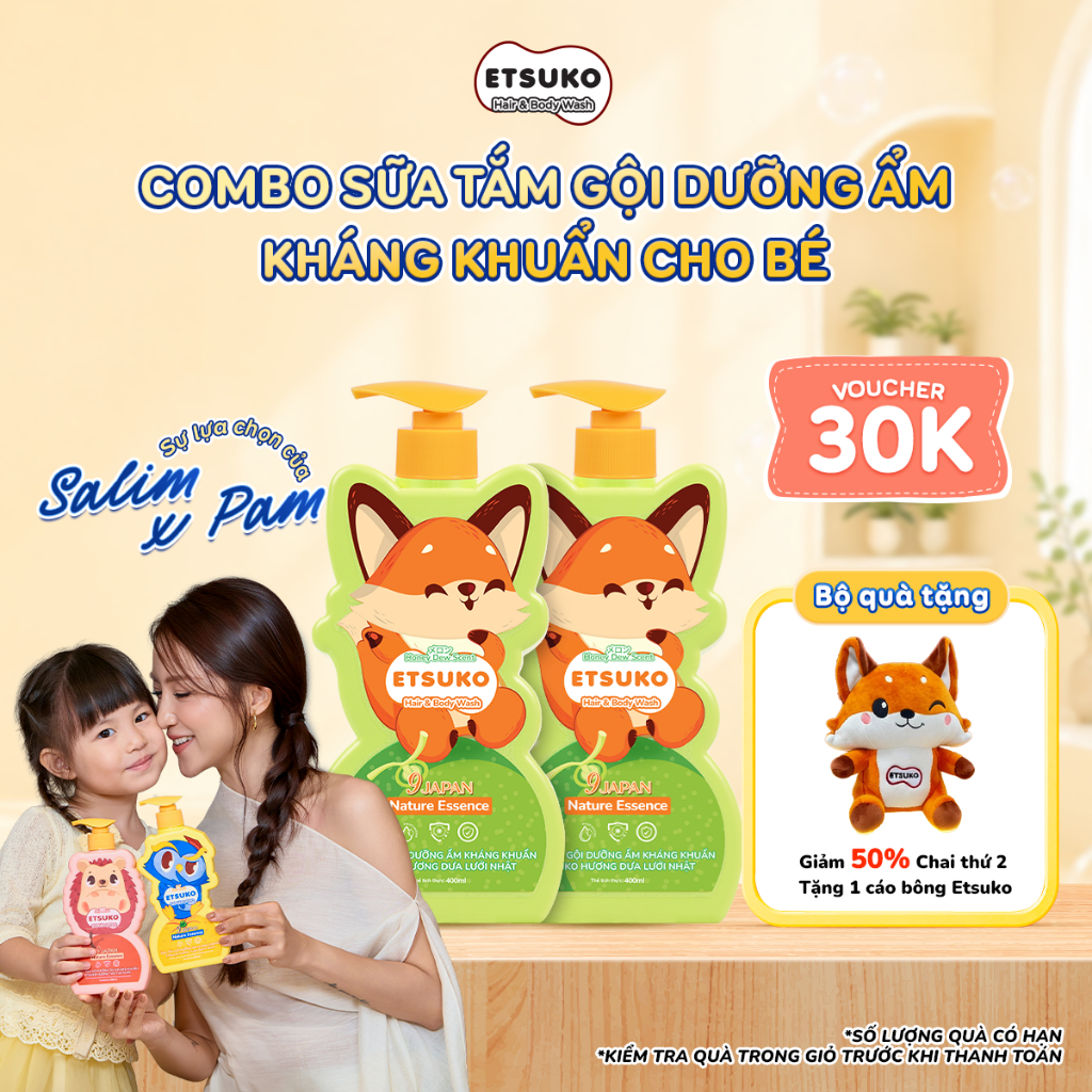 Combo 2 Chai Tắm Gội Cho Bé ETSUKO 400ml Dưỡng Ẩm Dịu Nhẹ, Kháng Khuẩn Bảo Vệ Da