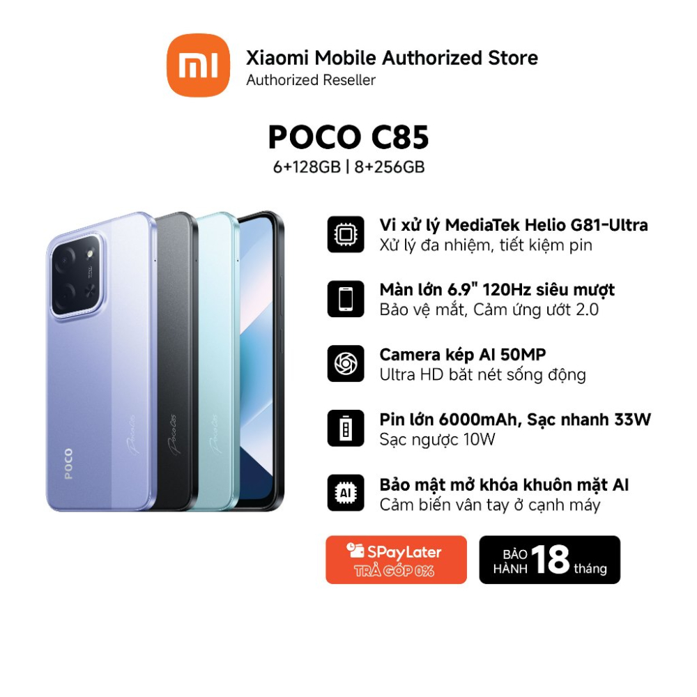 Điện thoại POCO C85 (6+128GB | 8+256GB) | Màn 6.9" 120Hz | Camera kép AI 50MP | Chip Helio G81-Ultra | Pin 6000mAh | BigBuy360 - bigbuy360.vn