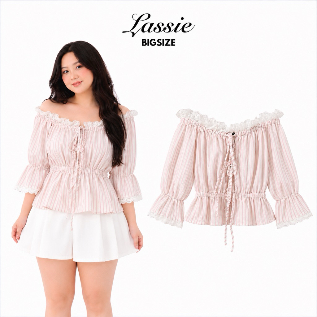 LASSIE BIGSIZE| Áo trễ vai kẻ sọc cột dây - CAMRY TOP