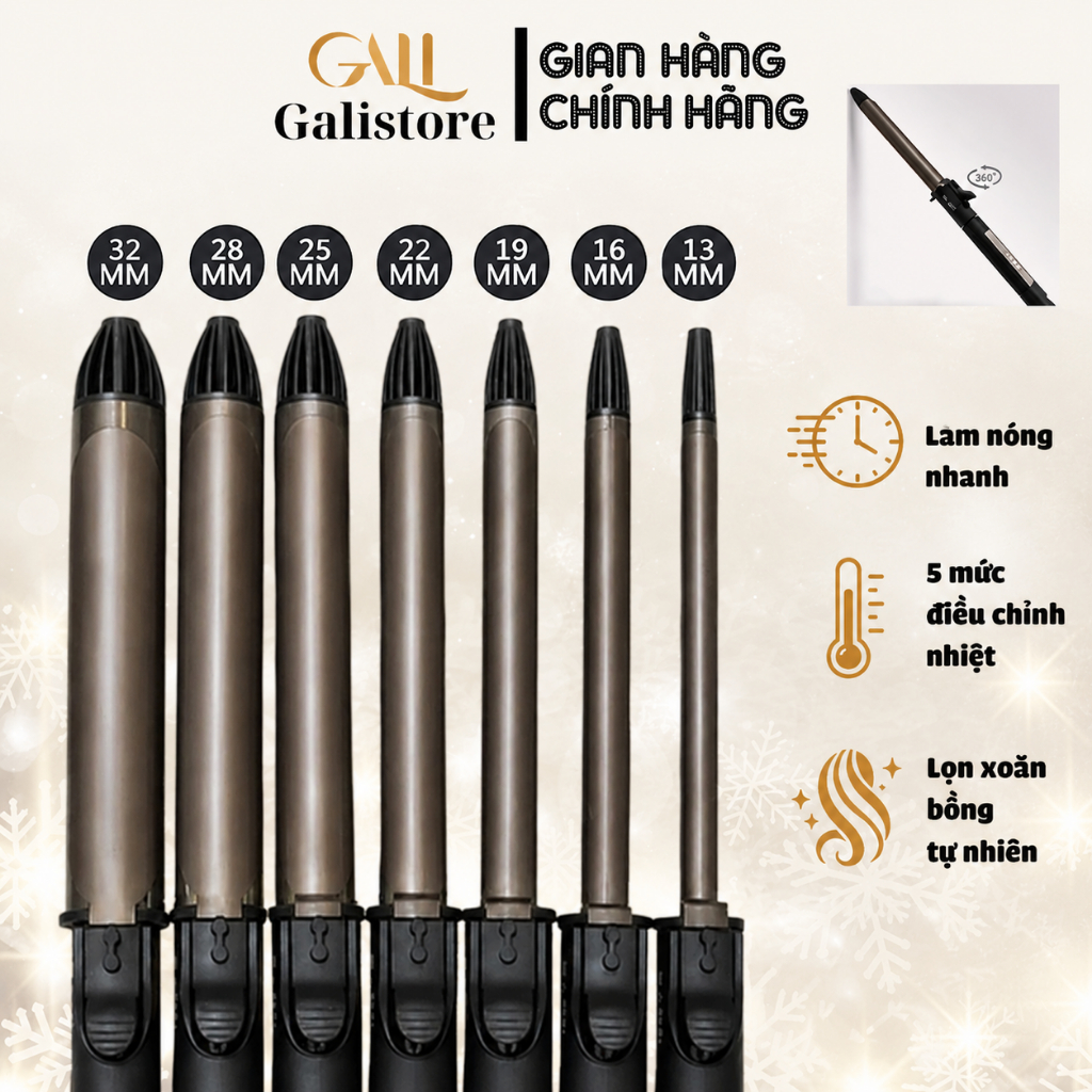 Máy uốn tóc làm xoăn GALI xoay trục, Model 904 kiểu Hàn Quốc; Sz 9 13 16 19 22 25 28 32 38; YOUNGGAL