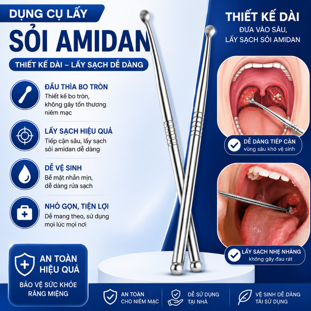 Dụng Cụ Lấy Sỏi Amidan 17cm Đầu Thìa Bo Tròn – Thép Không Gỉ – Vệ Sinh Hốc Amidan – Tái Sử Dụng