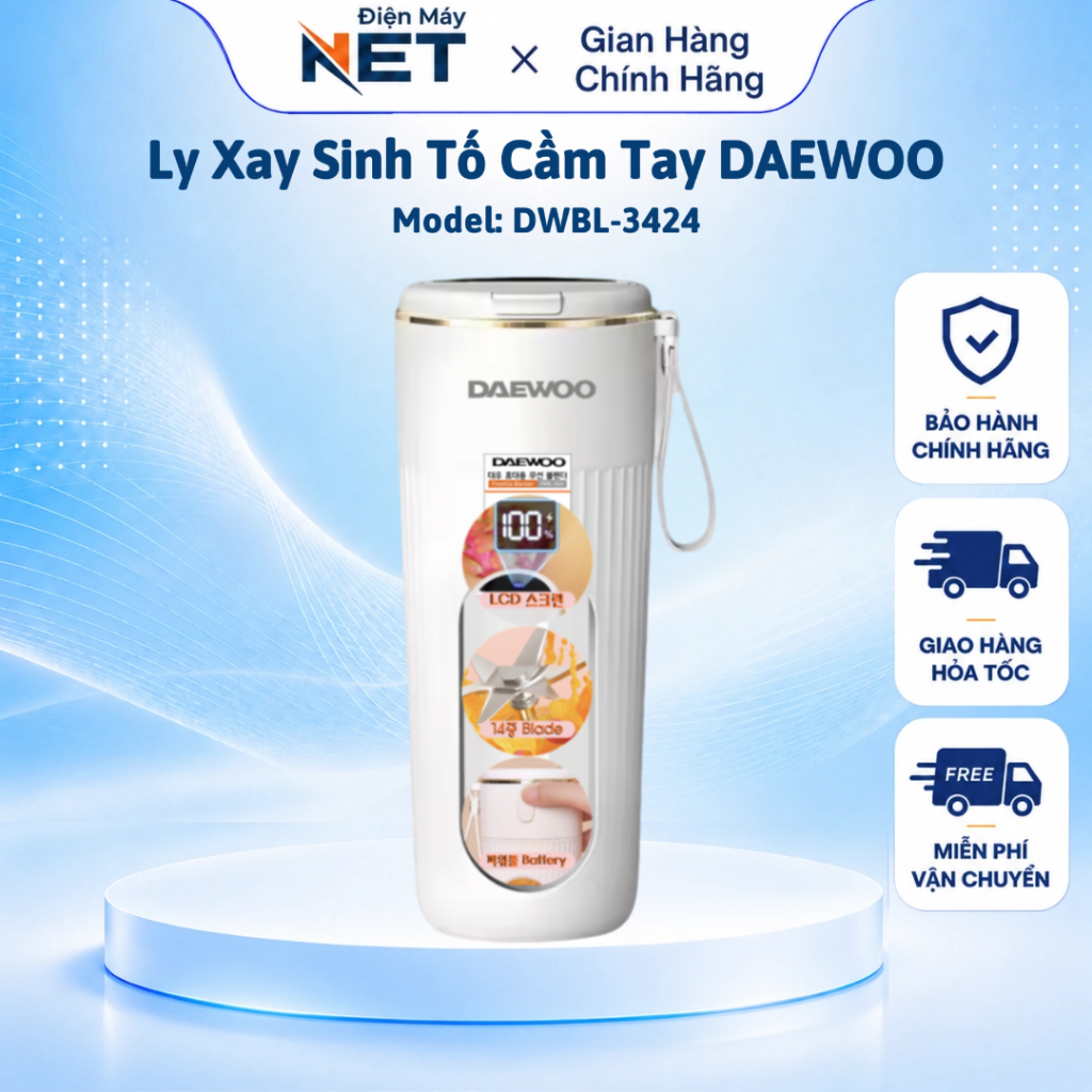 Máy Xay Sinh Tố Cầm Tay DAEWOO DWBL-3424 400ml - Ly Xay Trái Cây - Đầu sạc USB - BH 12 Tháng