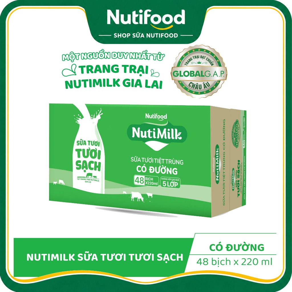 (HỎA TỐC 4H) Thùng 48 Bịch 220mL Sữa Tươi Tươi Sạch NutiMilk Có Đường/ Ít Đường - SHOP SỮA NUTIFOOD