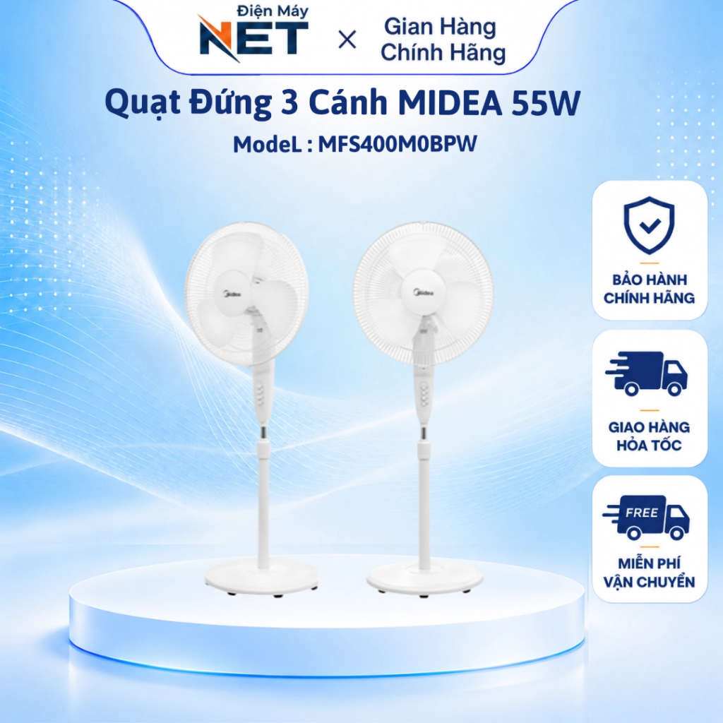 Quạt Đứng MIDEA MFS400M0BPW - 55W, Quạt 3 Mức Gió, Động Cơ Bạc Thau, Hàng Chính Hãng