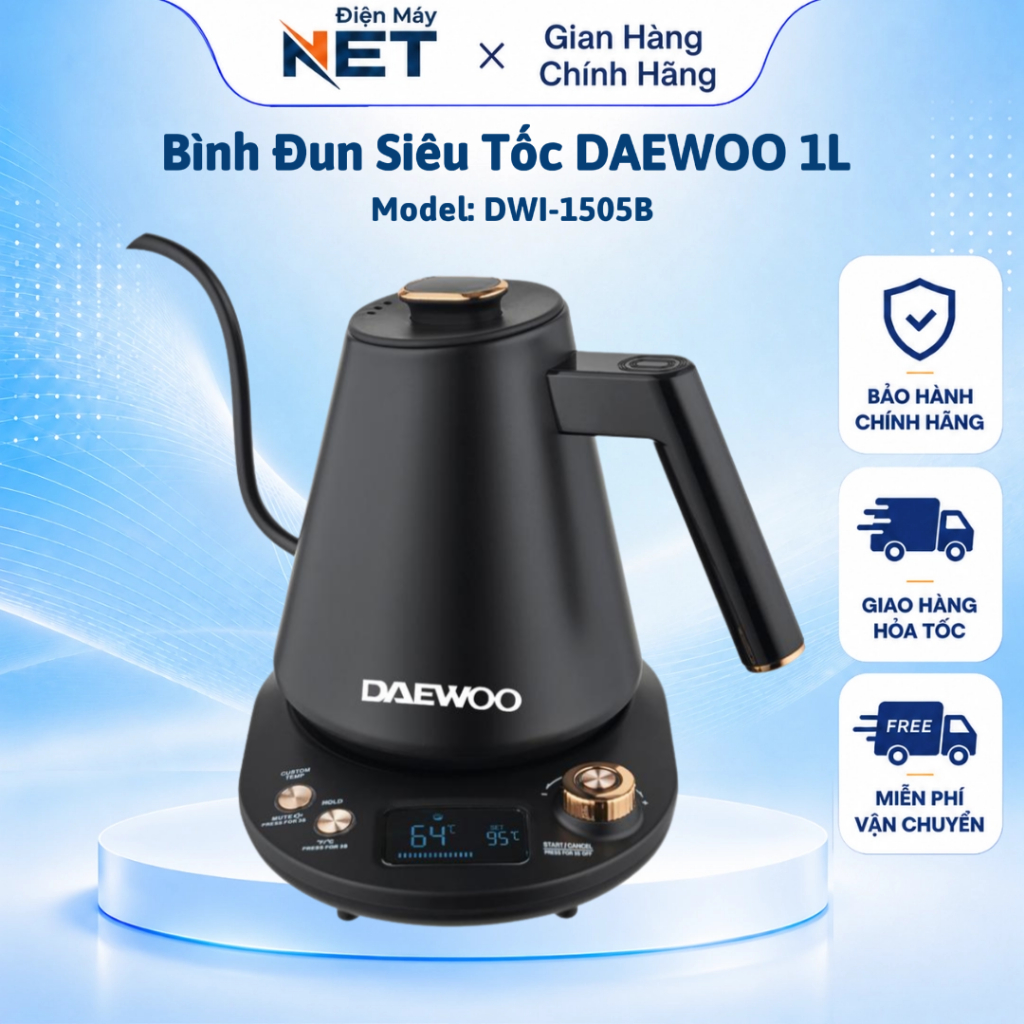 Ấm Đun Siêu Tốc DAEWOO, DWK-GN10LCD 1.0L – Màn Hình LED, Điều Chỉnh Nhiệt Độ, Giữ Ấm Thông Minh