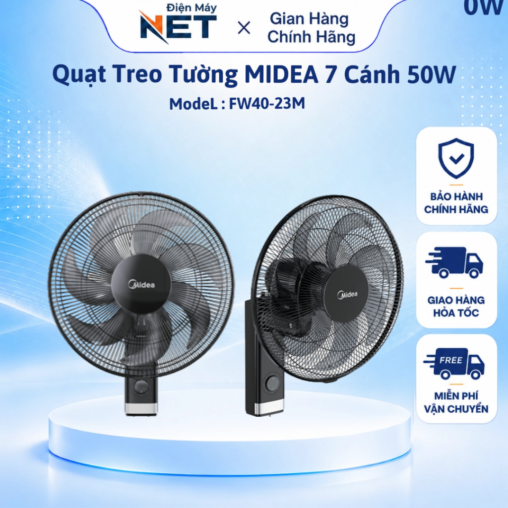 Quạt Treo Tường Midea FW40-23M - 50W | 7 Cánh Gió Mạnh Êm, 3 Tốc Độ, Bảo Hành Chính Hãng