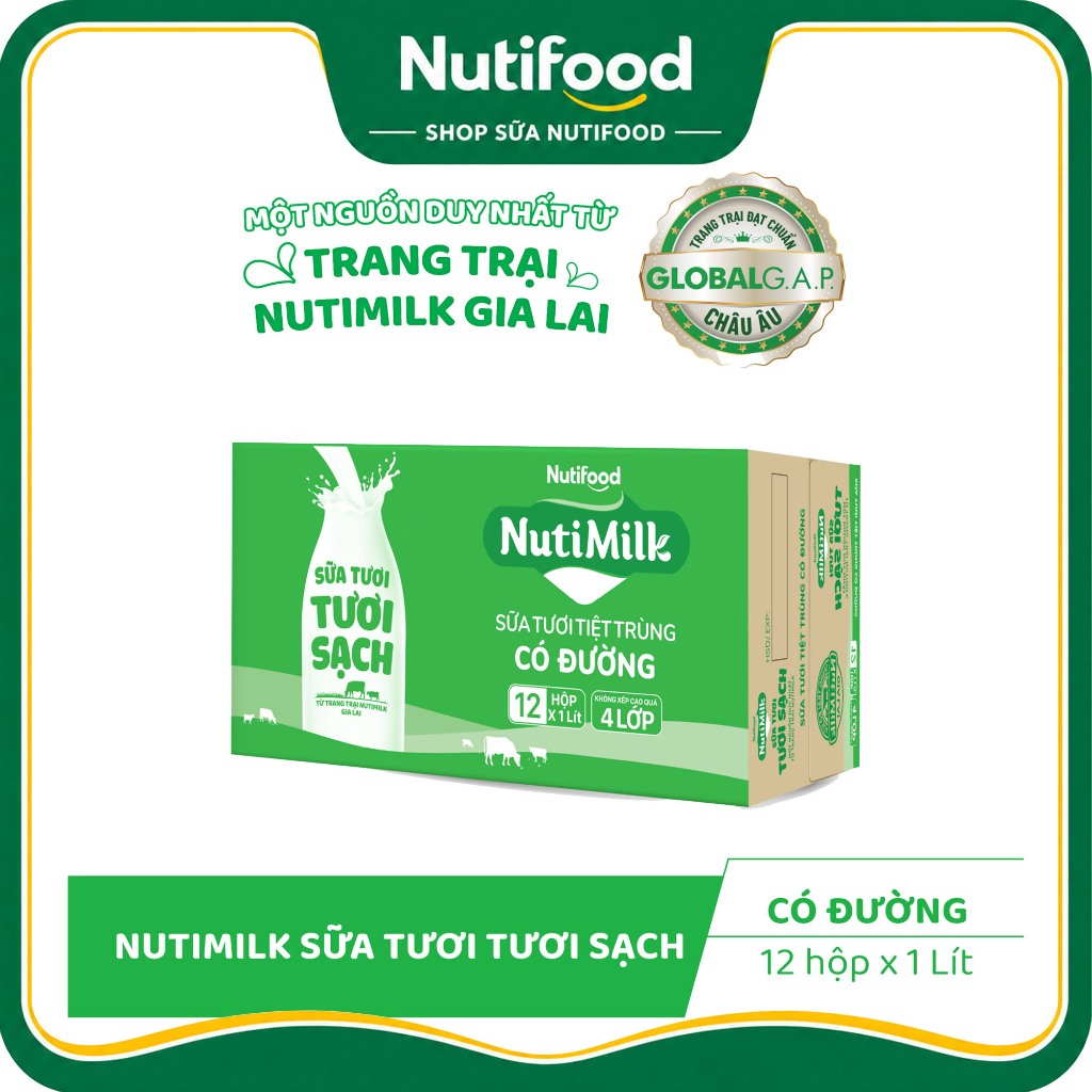 (HỎA TỐC 4H) Thùng12 Hộp 1000mL/ 48 Hộp 180ml NUTIMILK Sữa Tươi Sạch Không Đường -SHOP SỮA NUTIFOOD
