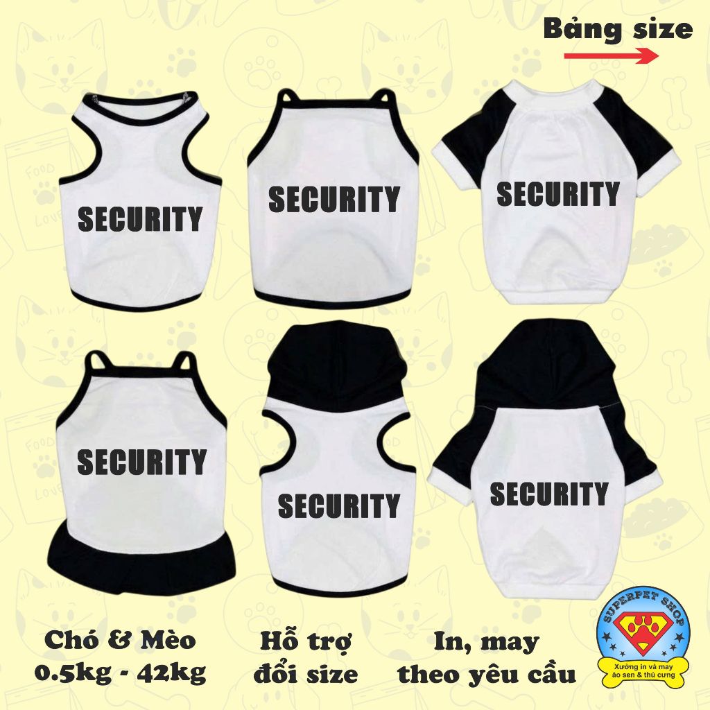 Áo mùa hè chó mèo giá rẻ - CHỮ SECURITY - Trắng Đen