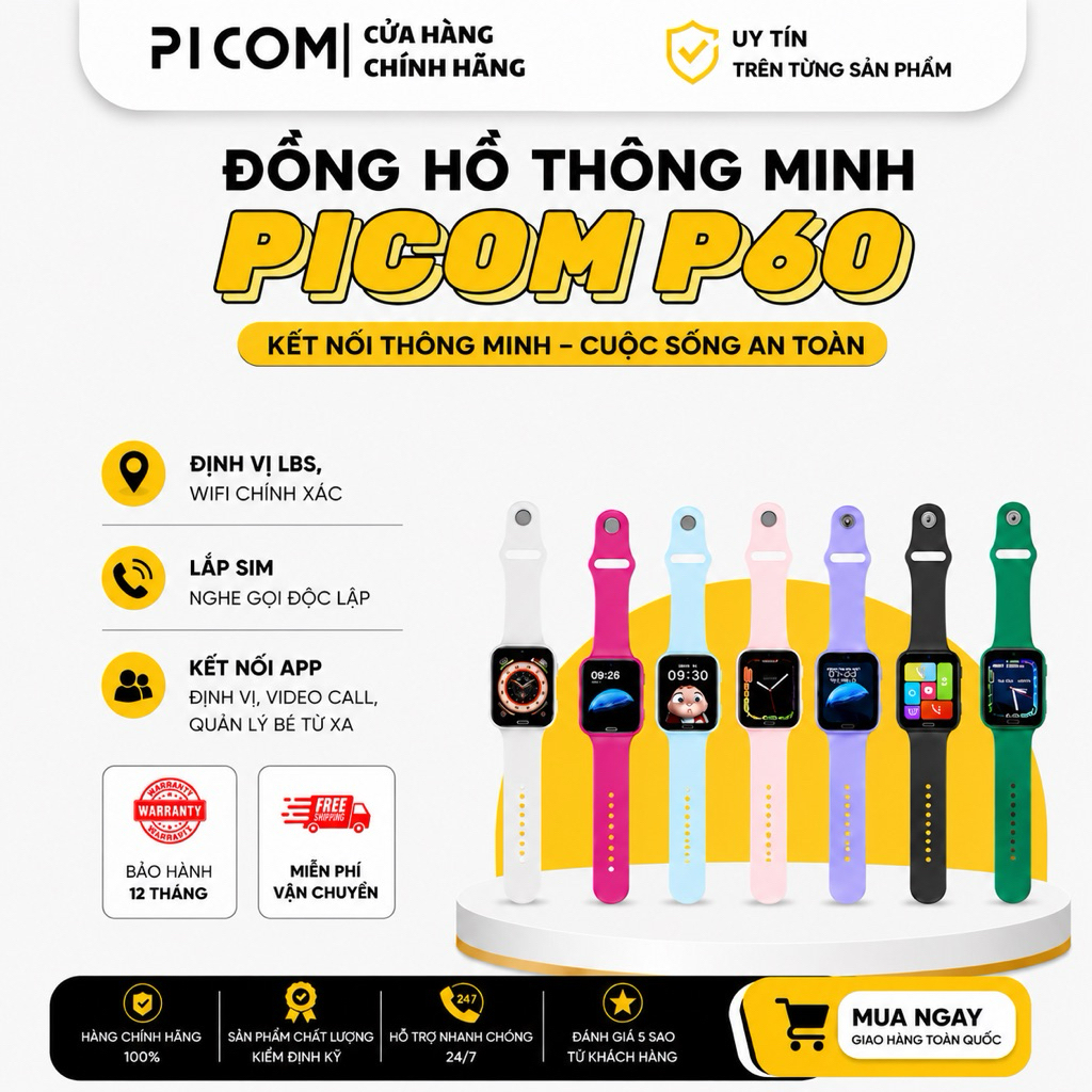 Đồng Hồ Thông Minh Picom P60 Định Vị Trẻ Em Lắp Sim Nghe Gọi Độc Lập Smartwatch