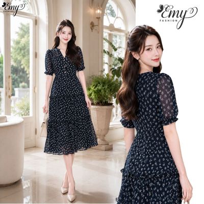 Đầm Thiết Kế EMY Thời Trang Cao Cấp EM9763 Voan Đen Hoa Nhí Thanh Lịch Đi Tiệc