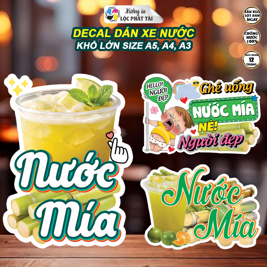 Decal dán trang trí xe Nước Mía, Đá Me, Rau Má, Sâm Lạnh, Sữa Đậu Nành ngon miệng, đắt khách