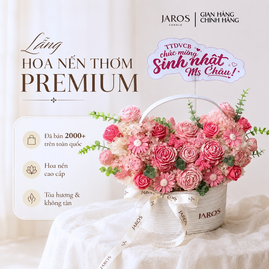 Giỏ Hoa Nến Thơm JAROS Candle Phiên Bản Premium Tỏa Hương Tự Nhiên  - Quà Tặng Sang Trọng