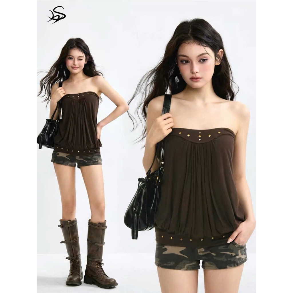 Áo thun nữ AQ21 áo quây babydoll đinh tán nâu tây trendy douyin cá tính | BigBuy360 - bigbuy360.vn
