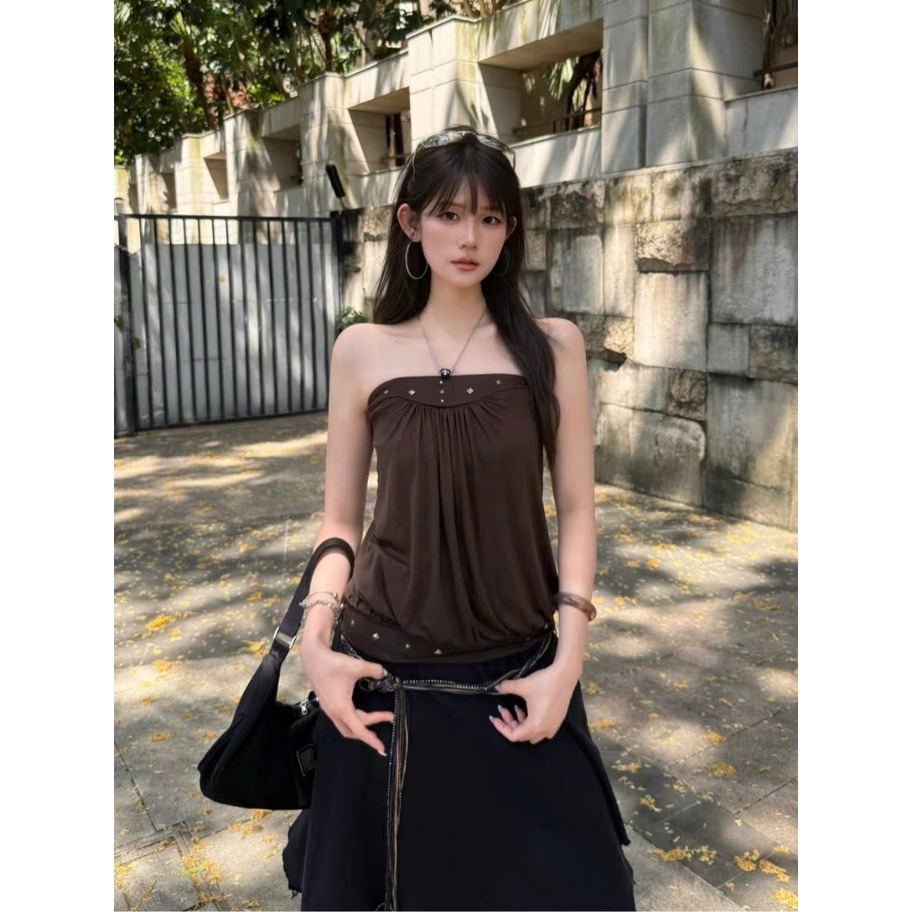 Áo thun nữ AQ21 áo quây babydoll đinh tán nâu tây trendy douyin cá tính | BigBuy360 - bigbuy360.vn