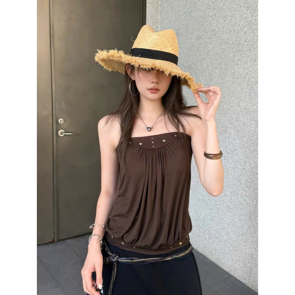Áo thun nữ AQ21 áo quây babydoll đinh tán nâu tây trendy douyin cá tính | BigBuy360 - bigbuy360.vn