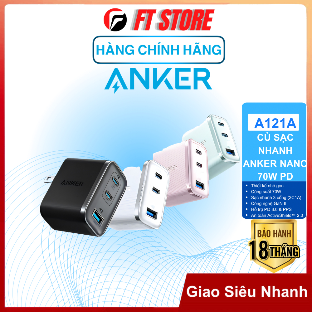 Củ Sạc Nhanh Anker Nano 70W A121A GaN II 3 Cổng USB-C USB-A PD PPS Sạc Laptop Điện Thoại