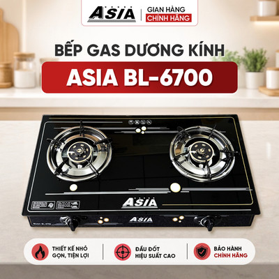 Bếp Gas đôi dương kính ASIA BL-6700 đầu đốt bằng đồng thau phi 78mm cho ngọn lửa xanh BH 24 Tháng