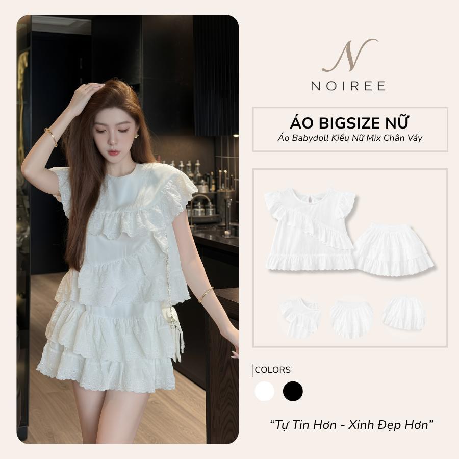 [BigSize] Set Đồ Bigsize Nữ Áo Babydoll Kiểu Cổ Tròn Bèo Xếp Tầng Phối Ren Kèm Chân Váy Xòe Xinh Xắn