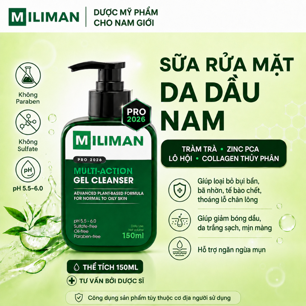 Sữa Rửa Mặt Nam Da Dầu MILIMAN 150ML - Giúp Làm Sạch Sâu, Hỗ Trợ Kiềm Dầu, Ngừa Mụn