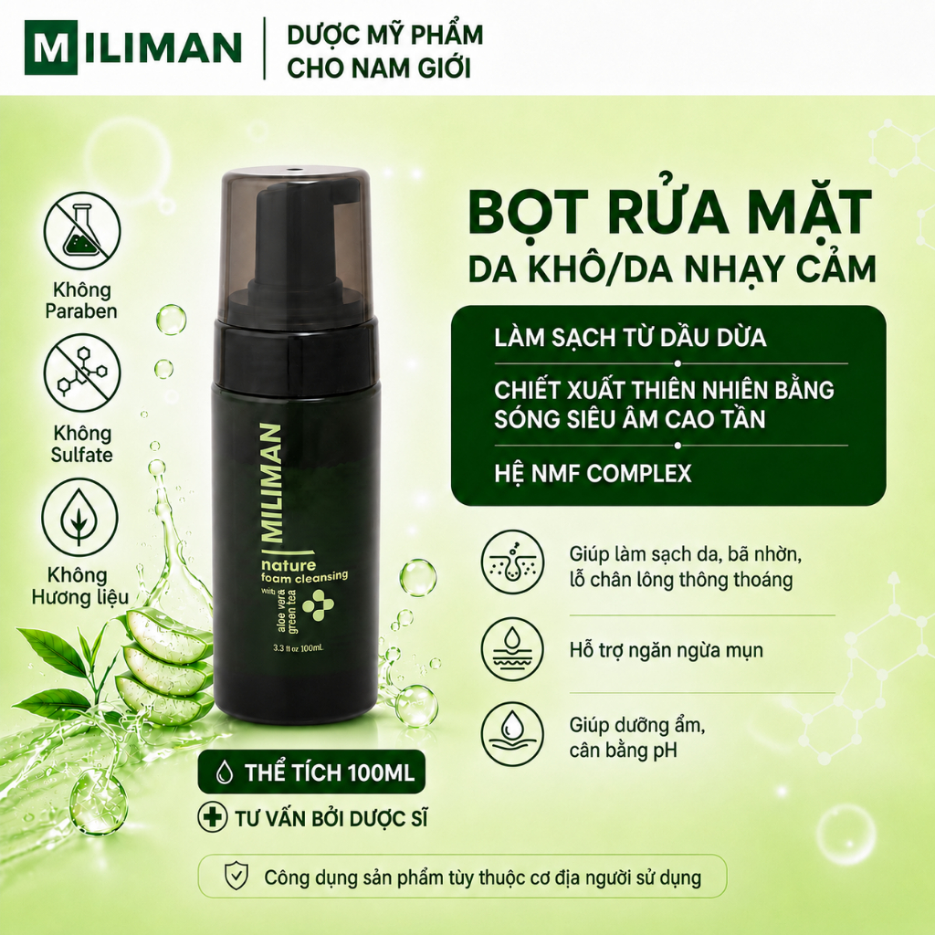 Sữa Rửa Mặt Nam Tạo Bọt MILIMAN 100ml Cho Da Khô, Da Nhạy Cảm | Làm Sạch, Cân Bằng Ẩm, Bảo Vệ Da