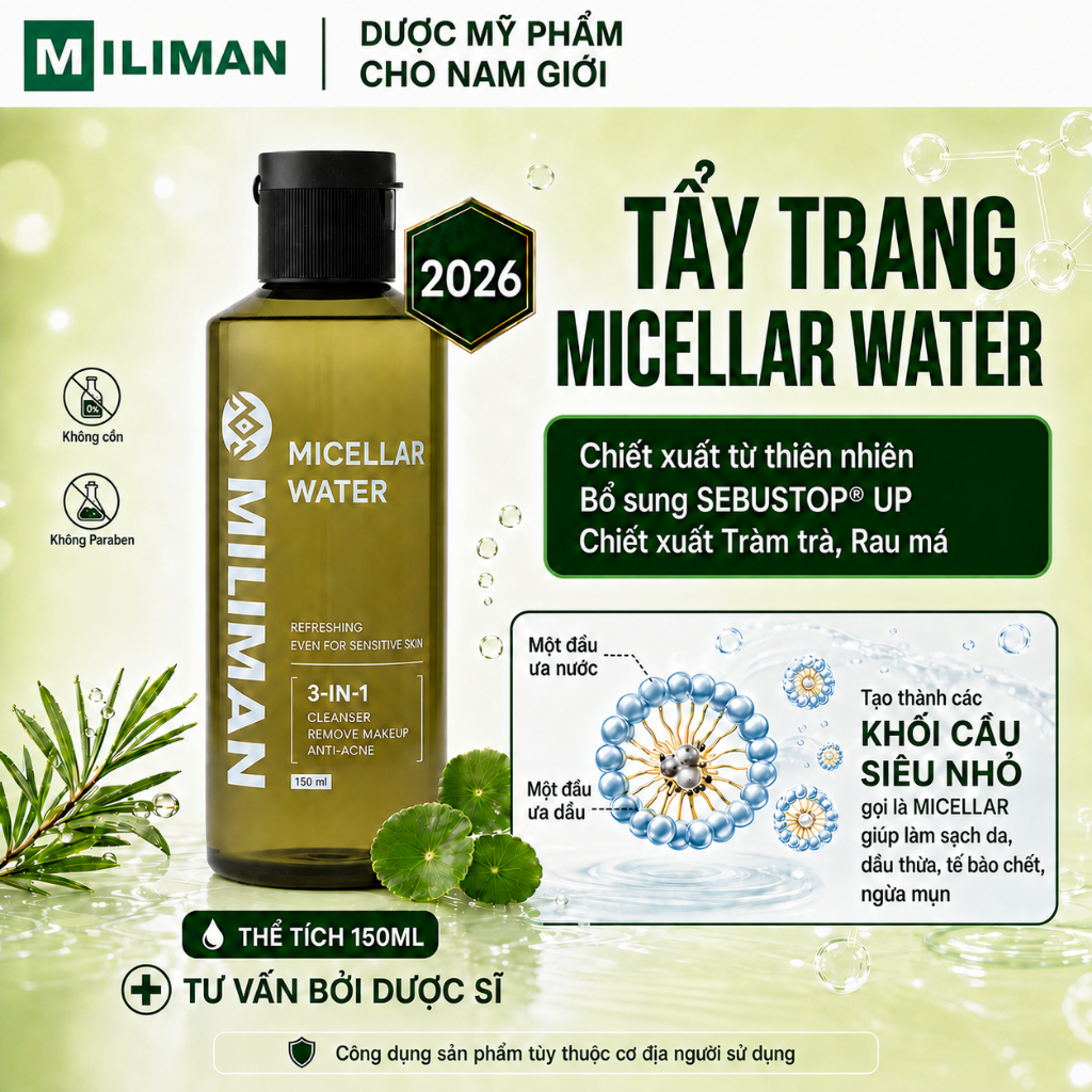 Tẩy Trang Nam MILIMAN 150ML | Công Nghệ Micellar Water, Làm Sạch Bã Nhờn, Hỗ Trợ Ngừa Mụn