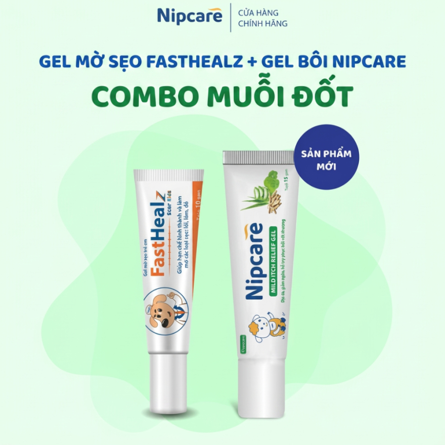 [COMBO BÔI MUỖI CẮN CHO BÉ] Gel Nipcare hỗ trợ giảm ngứa và Gel mờ sẹo trẻ em Fasthealz 12g