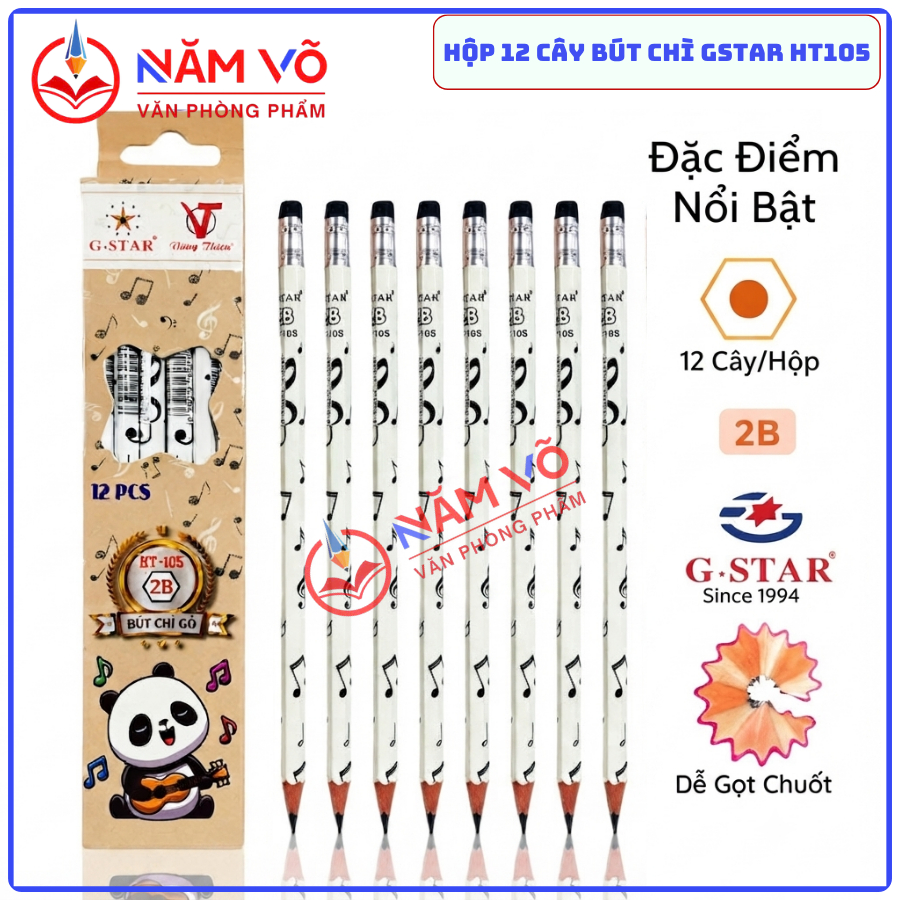 [HT105] HỘP 12 Cây Bút Chì Đen/Viết Chì Gỗ/Bút Chì Gỗ 2B G-Star HT-105 Thân Lục Giác, Hình Nốt Nhạc,