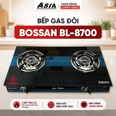 Bếp gas đôi dương kính Bossan BL-8700 đầu đốt bằng đồng thau phi 78mm cho ngọn lửa xanh cực mạnh