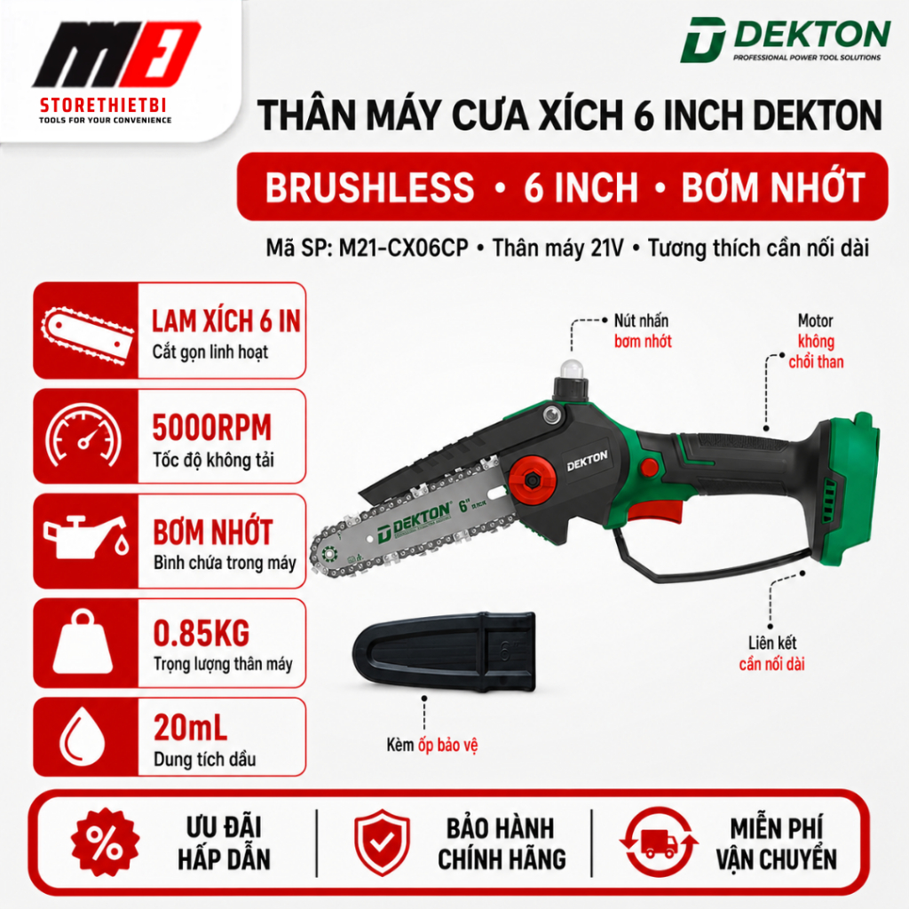 Combo Máy Cưa Xích Pin Dekton M21-CX06CP 6 Inch Kèm Pin B4085PLUS Và Sạc S20
