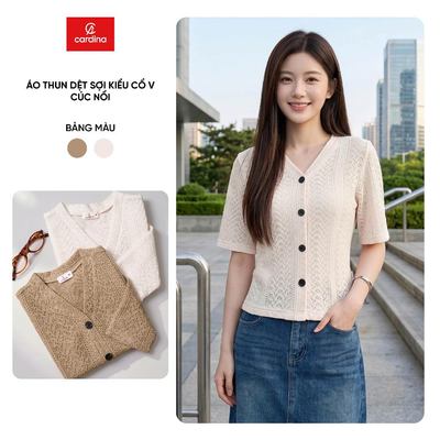Áo thun nữ CARDINA chất liệu thun dệt họa tiết cổ V cúc nổi 6AKC52
