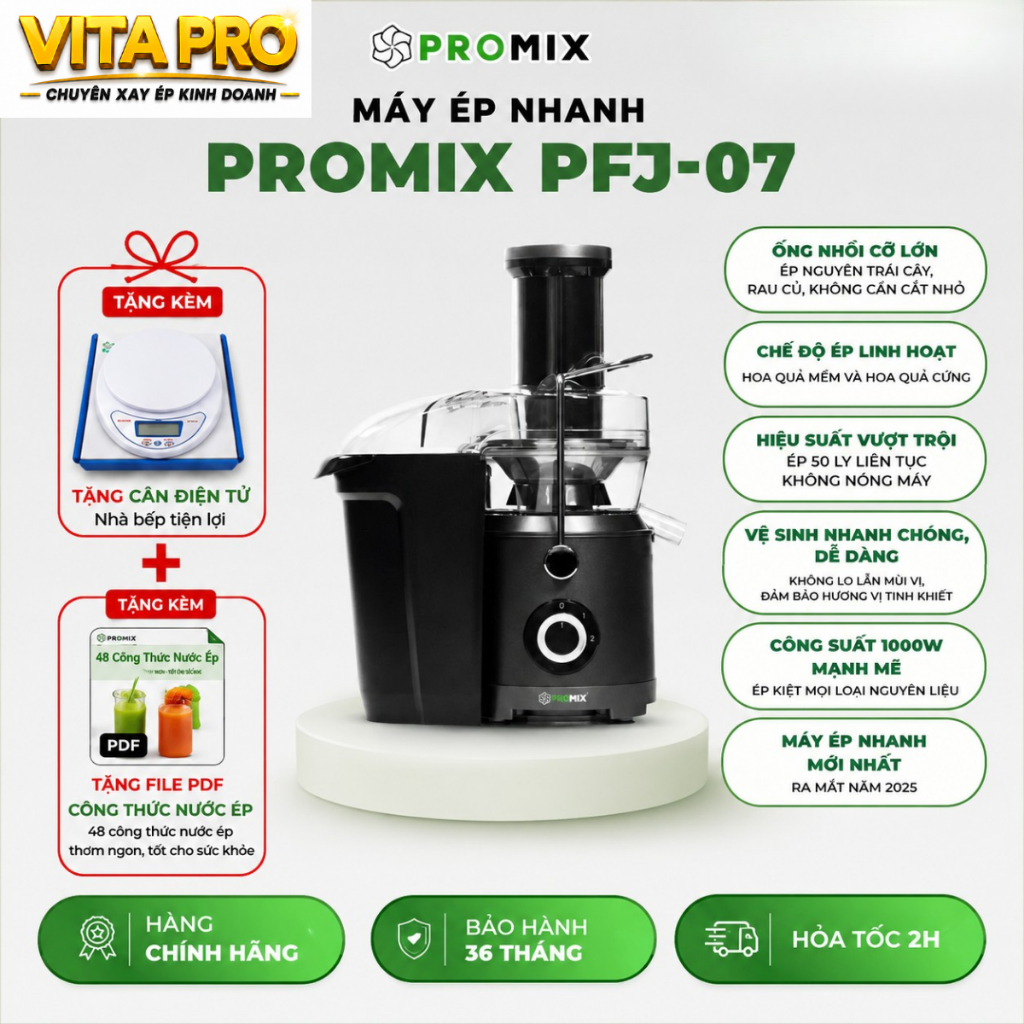Tặng Cân Điện Tử + Máy Ép Nhanh Promix PFJ-07 Ép Nhanh, Bã Khô, Nước Ép Trong Mịn Bảo Hành 36 Tháng