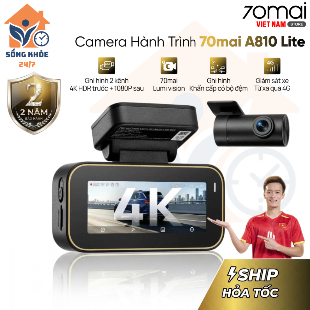 Camera Hành Trình Ô Tô 70mai A810 Lite 4K HDR - Camera Ghi Hình Trước Sau Cho Xe Hơi Tích Hợp GPS Bả