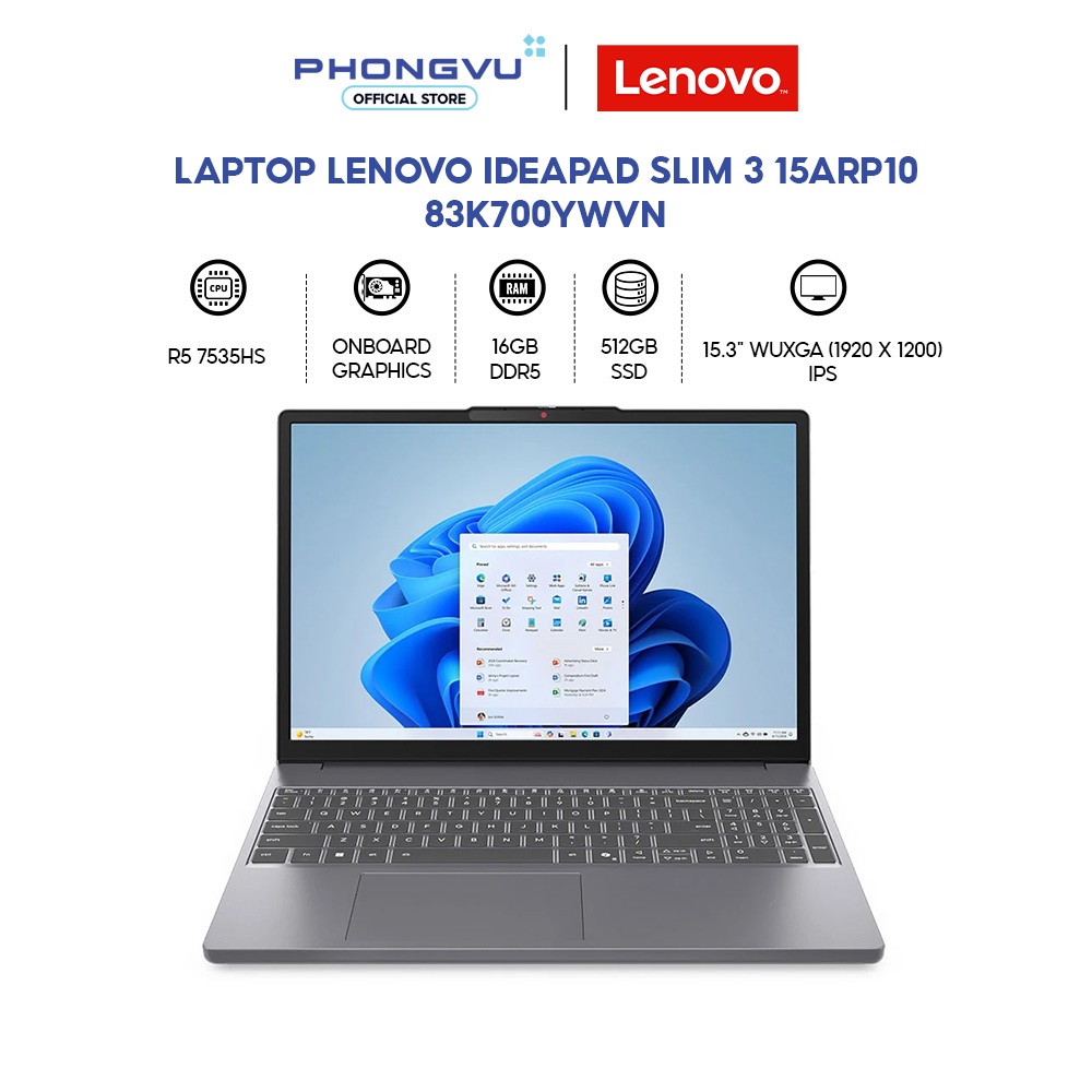 Laptop Lenovo IdeaPad Slim 3 15ARP10 - 83K700YWVN (Ryzen 5 7535HS/ 16GB/ 512GB/ Windows 11 Home SL) 