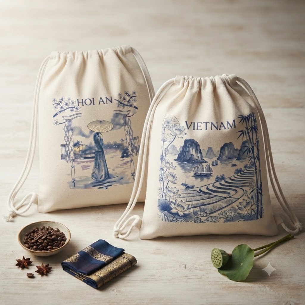 Túi Rút Canvas In Hình Hội An & Huế Vintage - Túi Dây Rút Vải Bố Du Lịch, Quà Lưu Niệm Việt Nam Unis