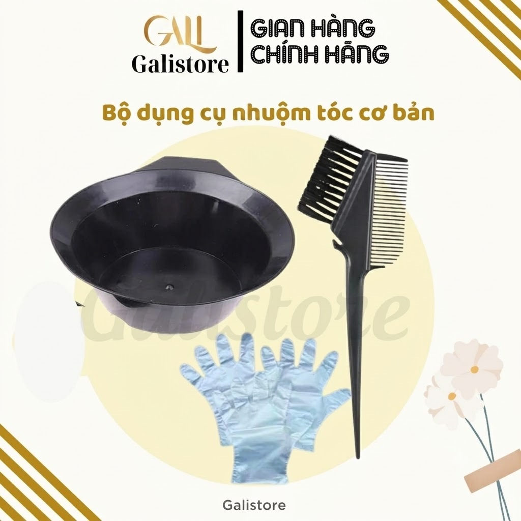 Dụng cụ nhuộm tóc chén bát, lược 2 đầu, bao tay nilong nhuộm tóc