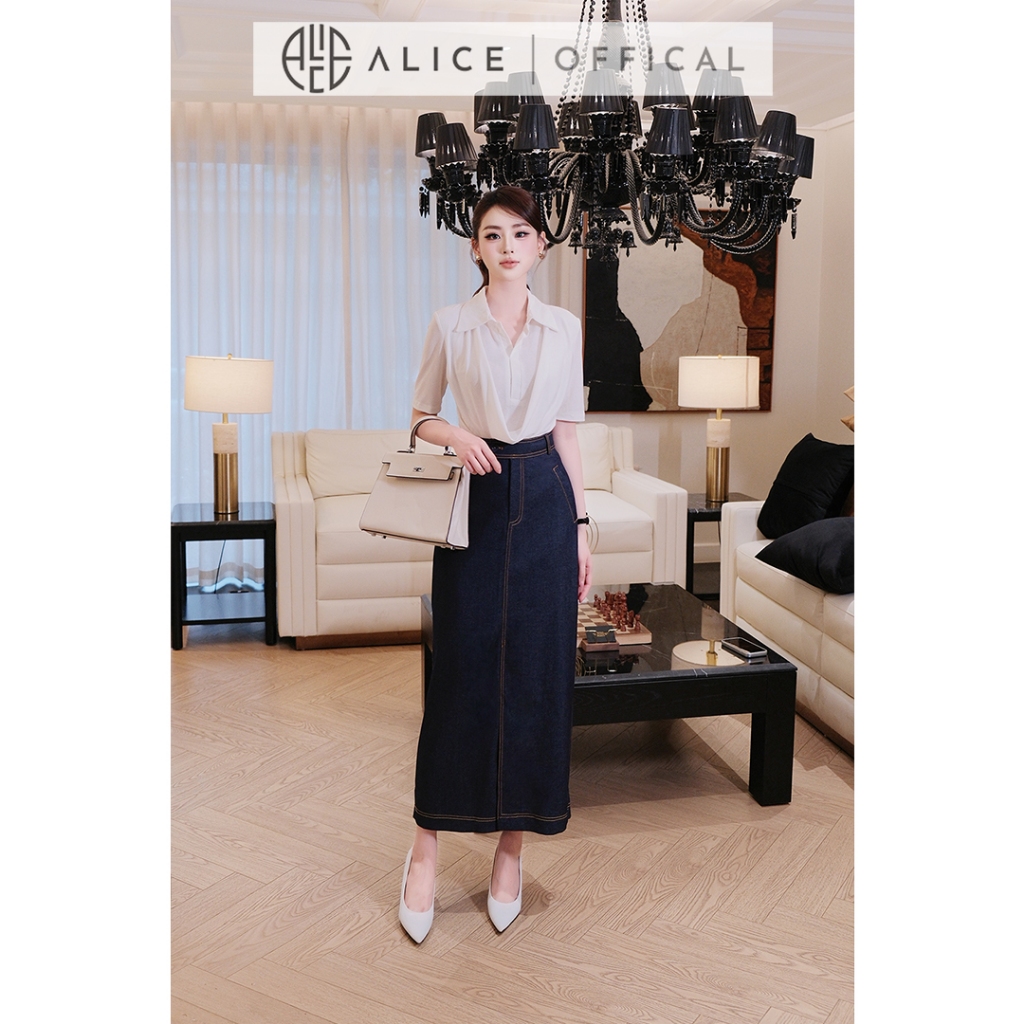 Set Công Sở Cao Cấp Alice, Áo Thun Cổ Sơ Mi Rủ Mịn Mỏng Phối Chân Váy Bò Lụa Dáng Suông Cạp Cao S111