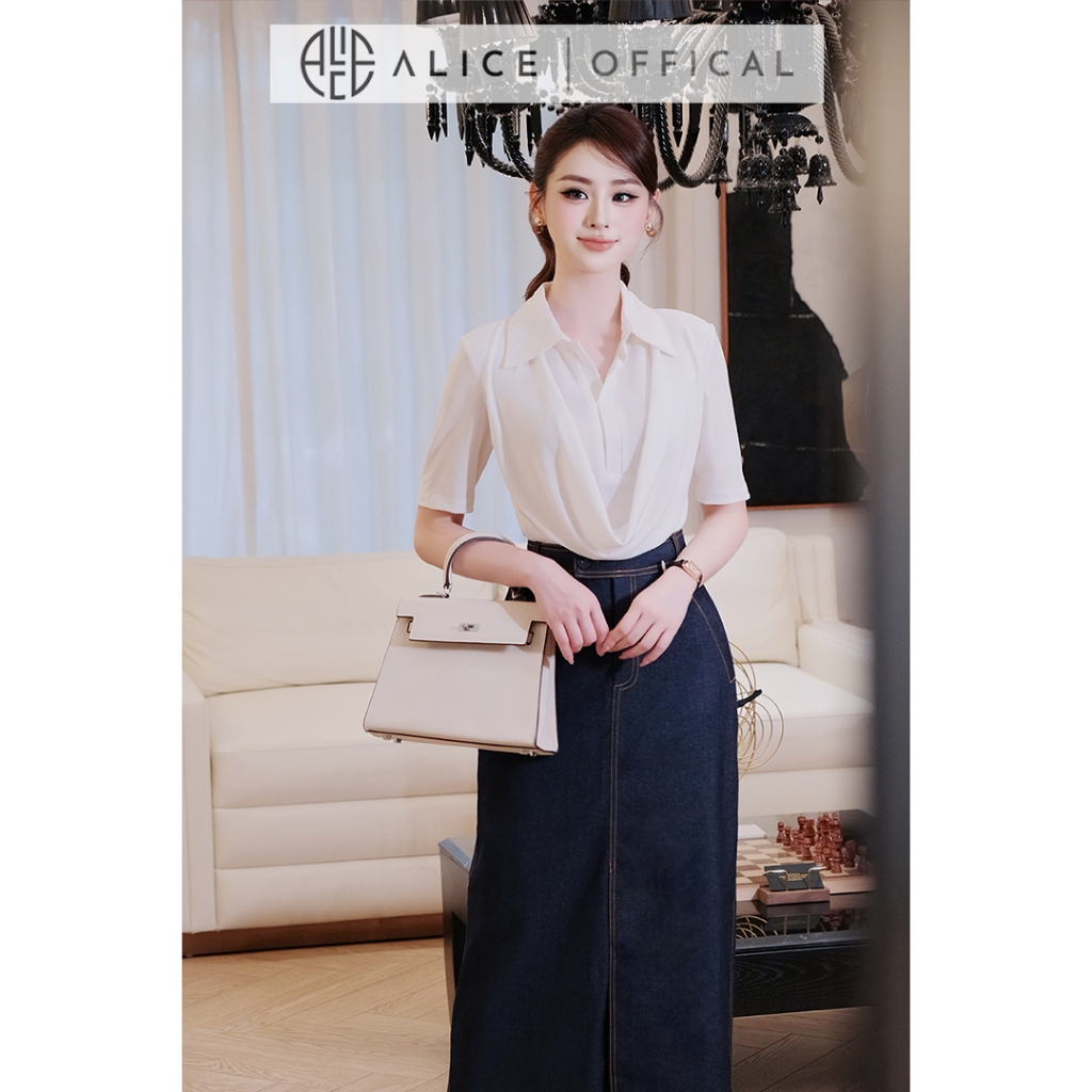 Set Công Sở Cao Cấp Alice, Áo Thun Cổ Sơ Mi Rủ Mịn Mỏng Phối Chân Váy Bò Lụa Dáng Suông Cạp Cao S111