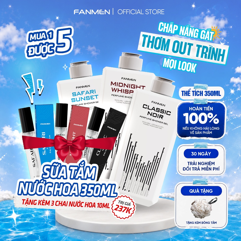[MUA 1 ĐƯỢC 5] Sữa tắm hương nước hoa cao cấp Fanmen làm sạch sâu, cấp ẩm 350ml - Tặng 3 nước hoa na
