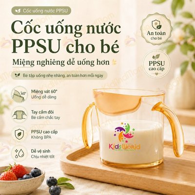Cốc Nước PPSU Cho Bé 2tuổi 200ml,Ly Nước Silicon Mềm Mại,Thân Cốc Nghiêng Độc Đáo, An Toàn KidAndMom