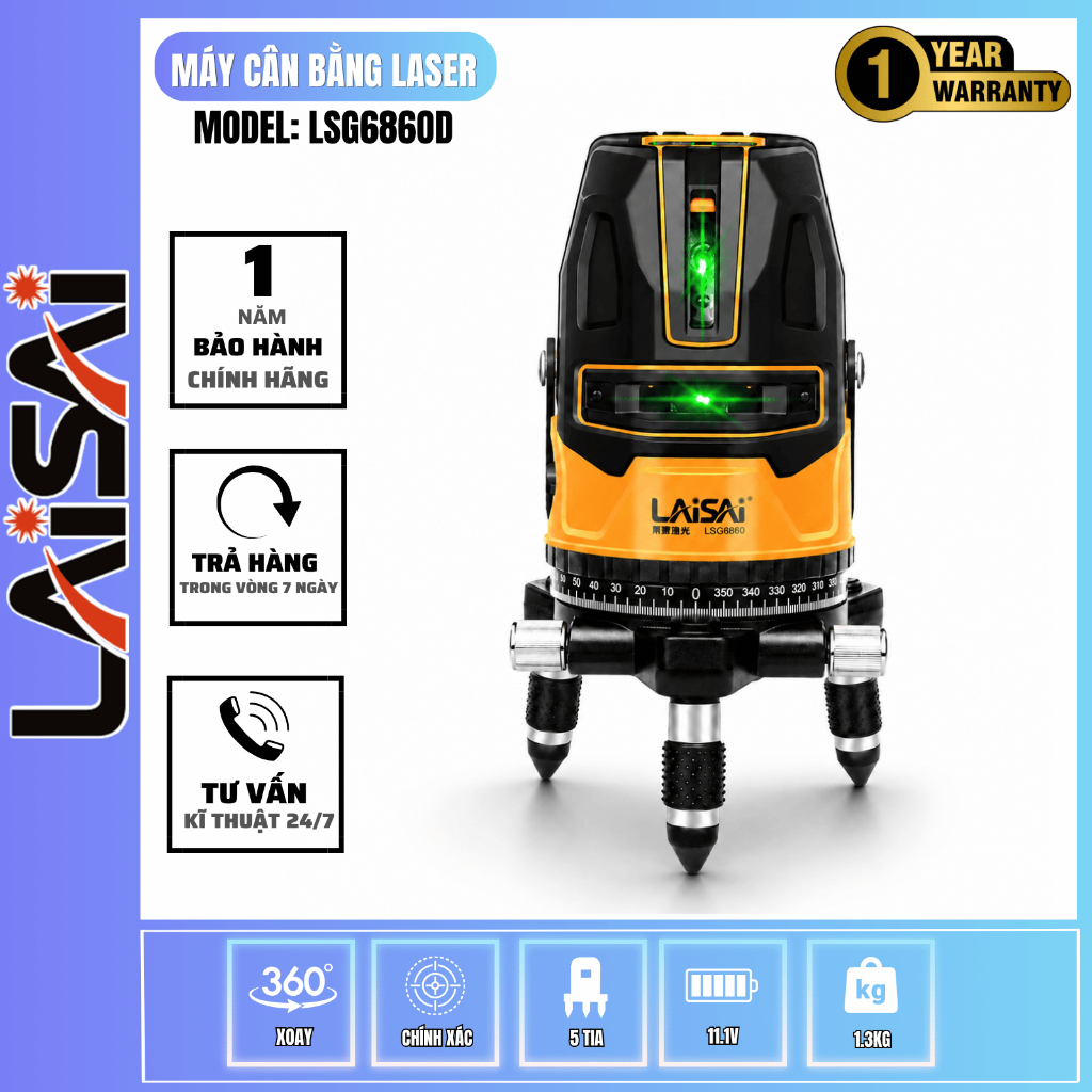 Máy Cân Bằng Laser LAISAI 5 Tia Xanh LSG6860D Siêu Sáng Độ Chuẩn Cao Chính Hãng Bảo Hành 1 Năm