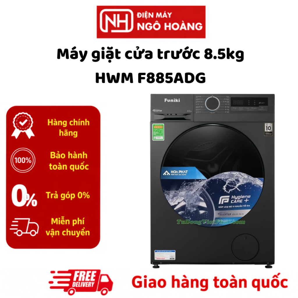 F885ADG Máy giặt cửa trước Funiki Inverter 8.5 kg HWM F885ADG chính hãng, giặt nước nóng, vắt 1400 v